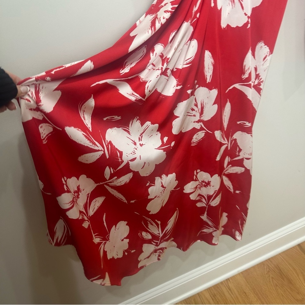 Zara Red Satin Floral Long Sleeve Dress - Picture 5 of 9